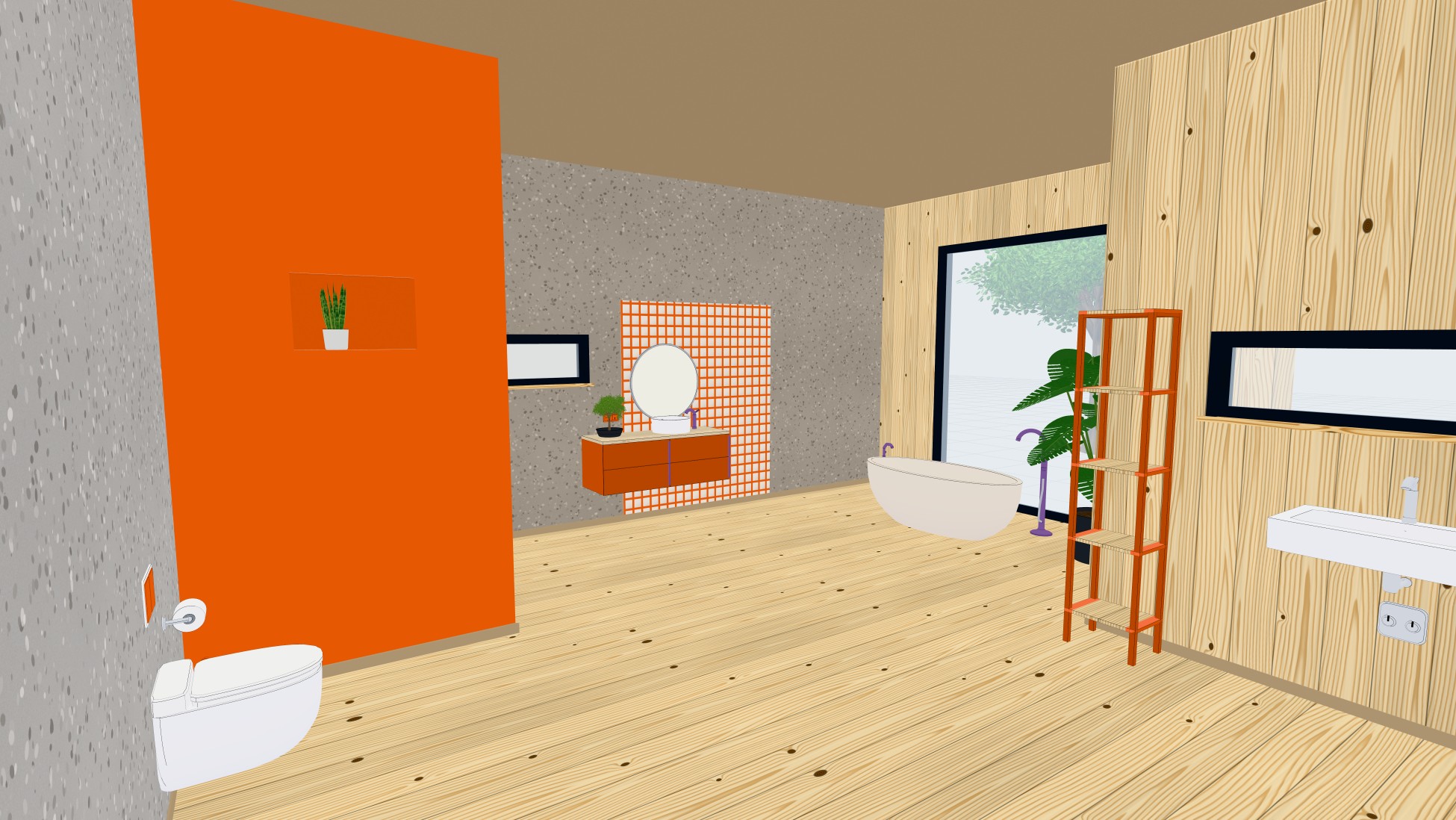 Bad mit Holzwand und hölzernem Waschtischunterschrank in 3D