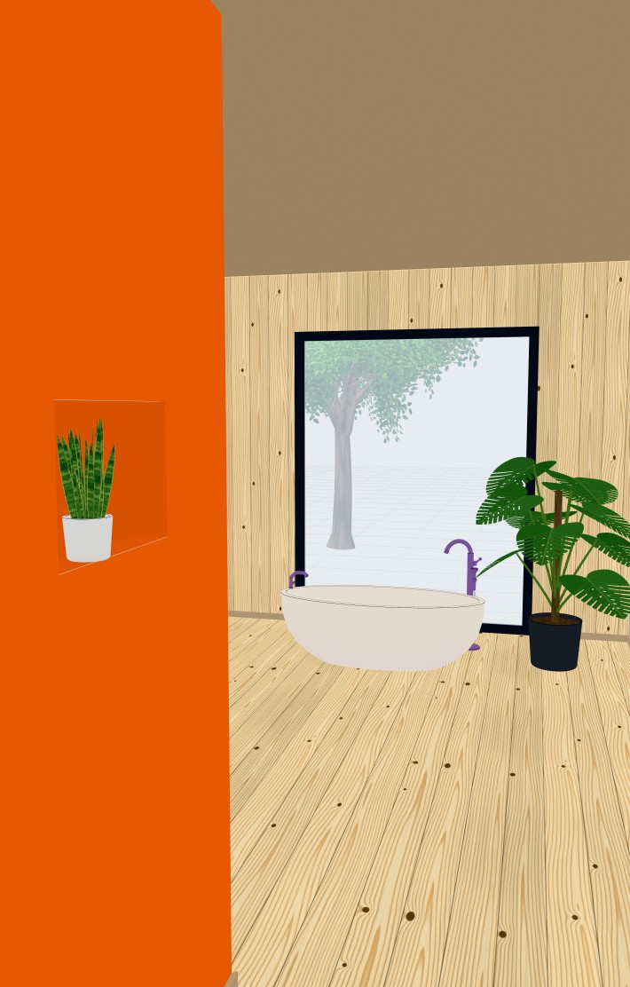 Bad mit Holzwand und freistehender Badewanne in 3D