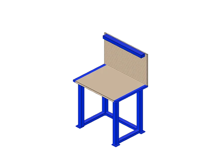 Werktisch mit Lochwand-Rückwand und Oberlicht als 3D-Modell