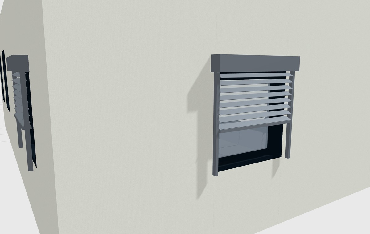 Hauswand mit zwei Fenstern und halb heruntergelassenen Raffstores im 3D-Raumplaner