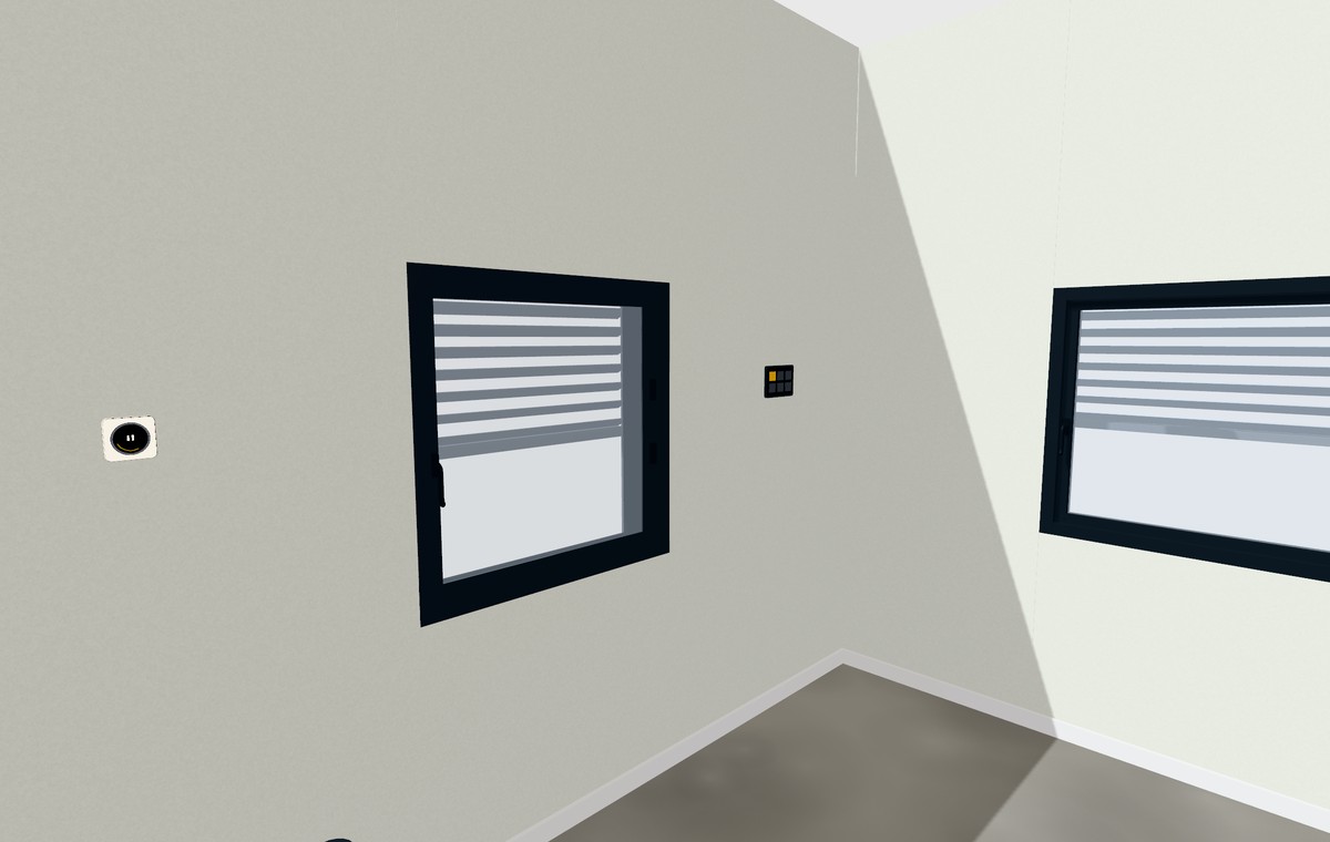 Innenwand mit Fenster, Raffstore, Touchpanel und Raumthermostat in 3D