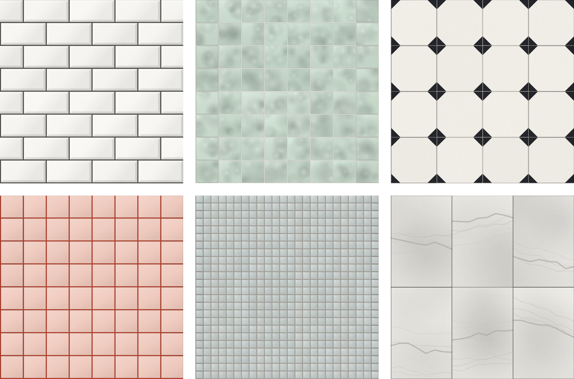 Sechs Fliesenbilder aus dem Raumplaner: Metro im Halbverband, Quadrat, Achteck, Mosaik und Marmoroptik