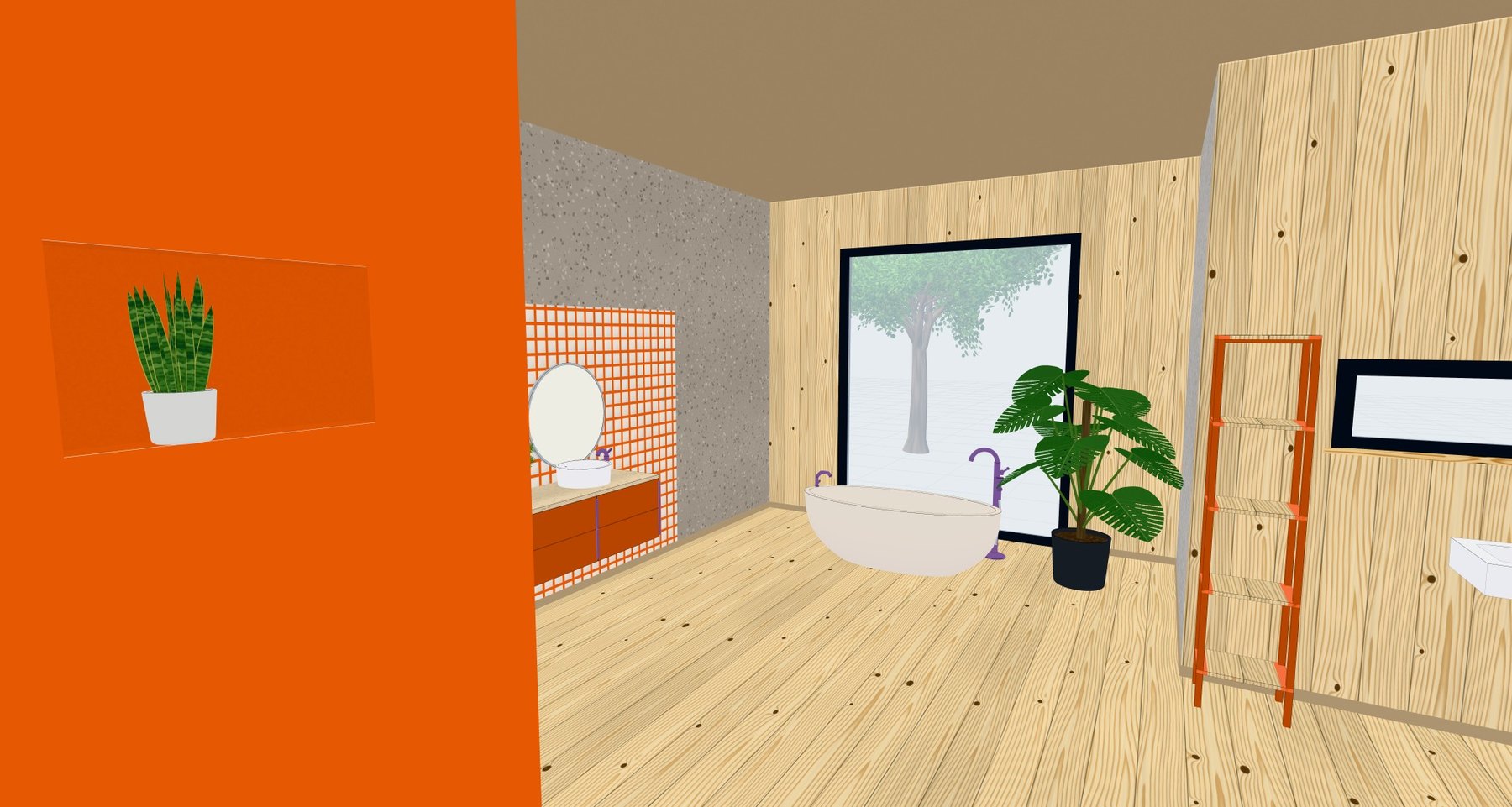 Bad mit orangefarbener Wandscheibe, freistehender Wanne, Holzboden und Pflanzen im 3D-Raumplaner