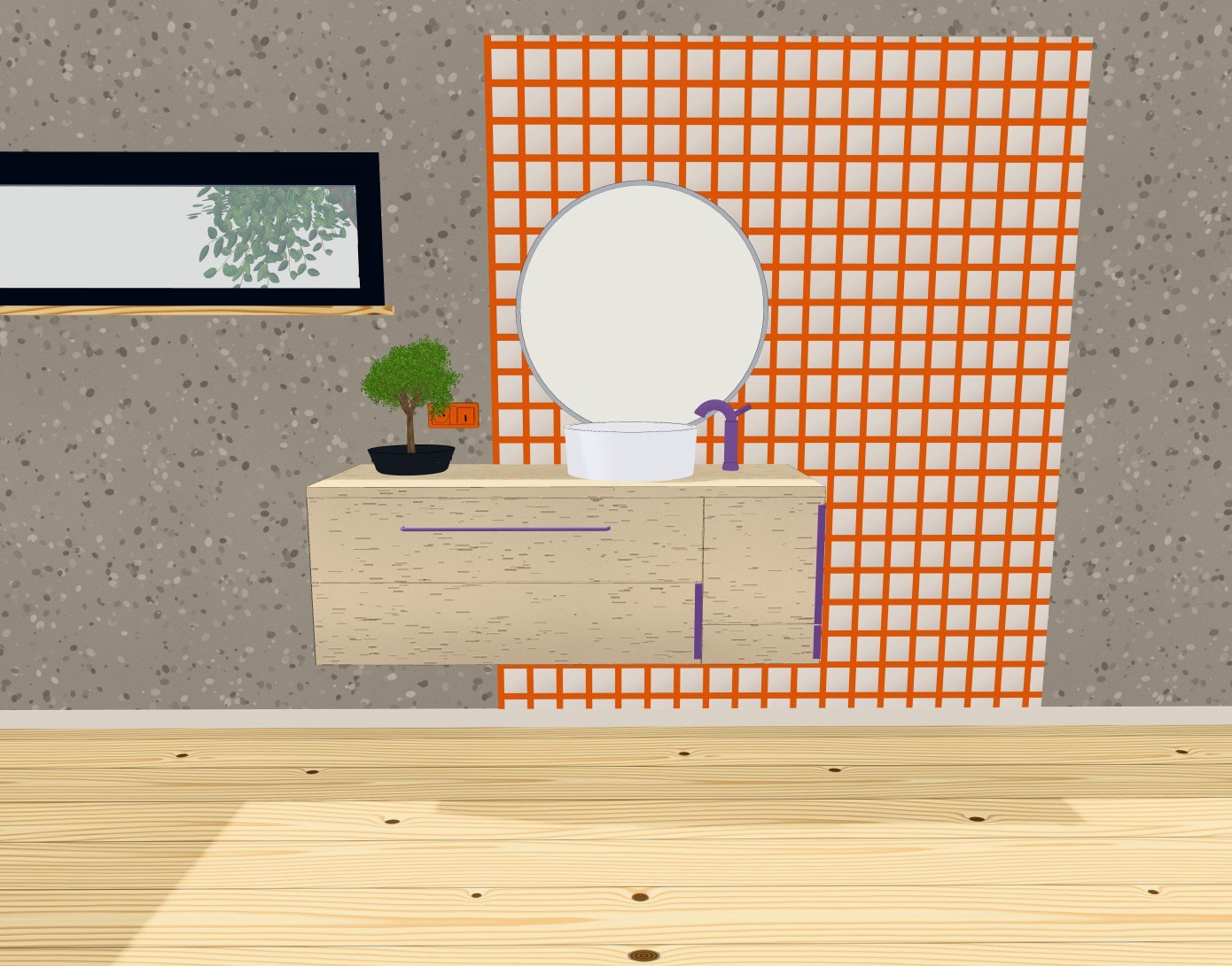 Waschtisch mit Holzfront vor orange gefliester Wand