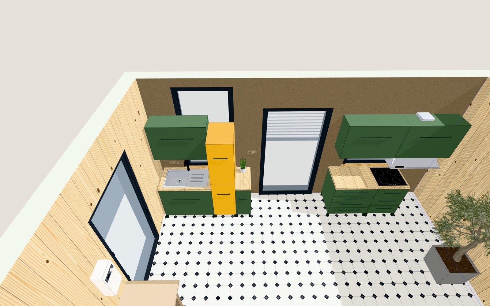 Küche mit grünen Fronten, gelbem Hochschrank und Fliesenboden im 3D-Raumplaner