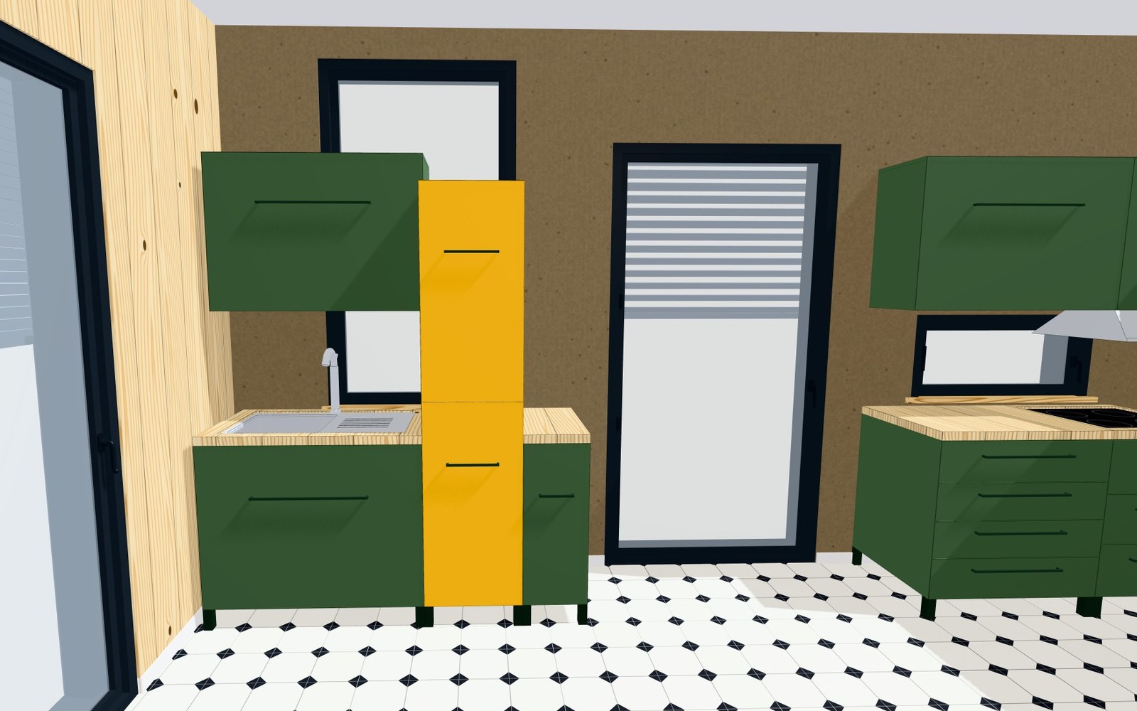 Küchenplanung in 3D mit grünen Fronten, Hochschrank und Hängeschränken