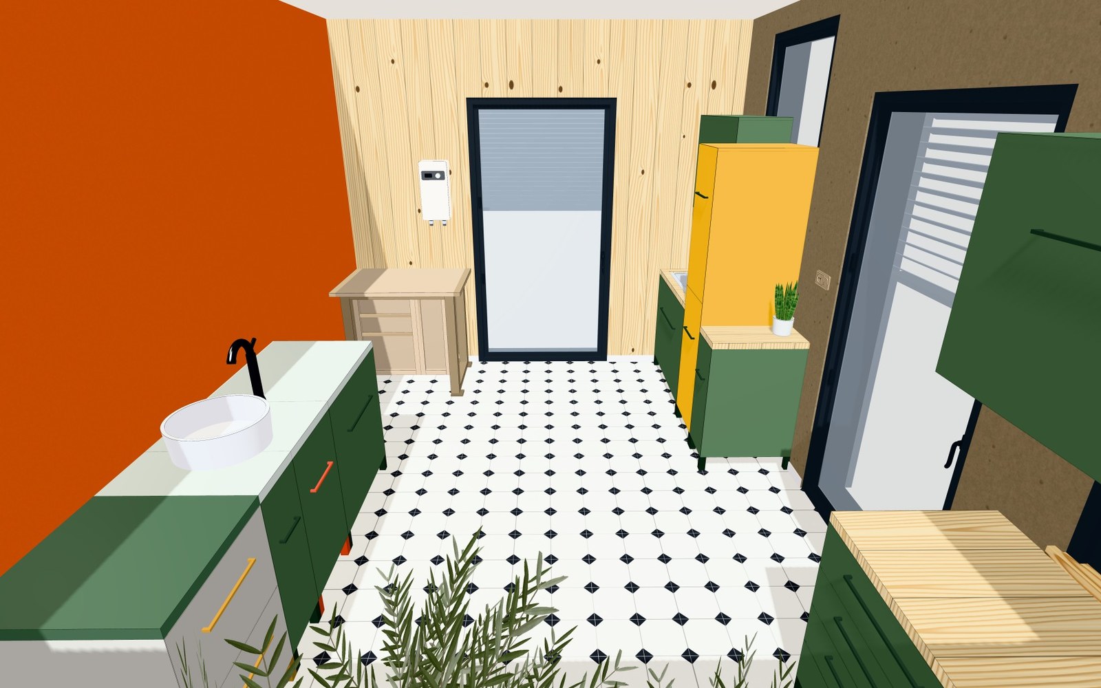 Küche mit Waschtisch, Hochschrank und Arbeitsplatte aus Holz in 3D