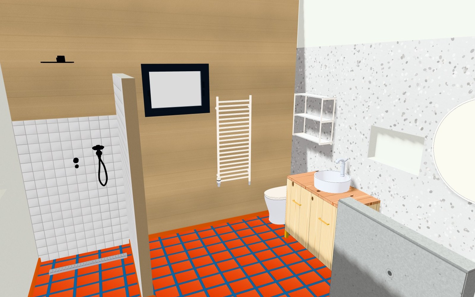 Badplanung in 3D mit Dusche, Waschtisch und WC