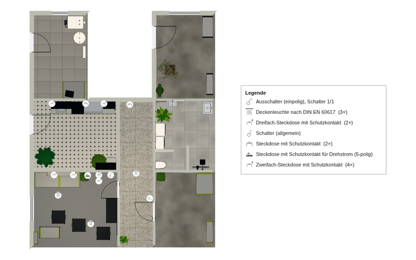 2D-Installationsplan mit Schaltzeichen und Legende