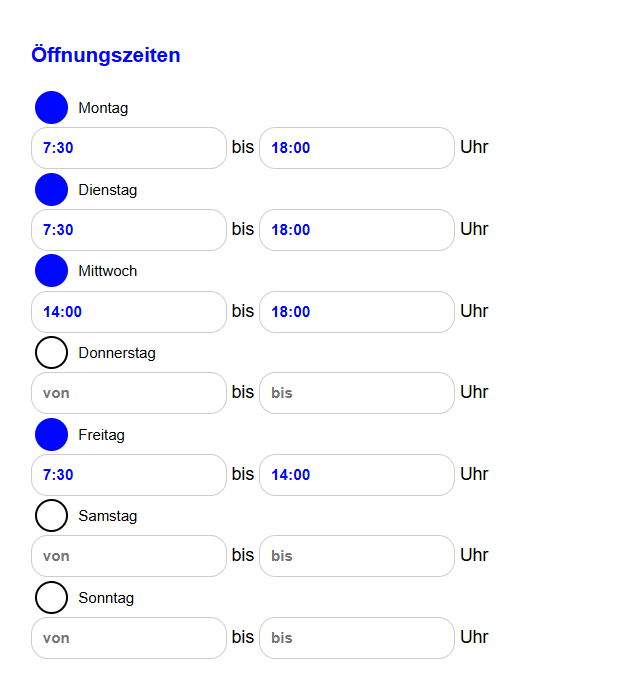 Öffnungszeiten hinterlegen