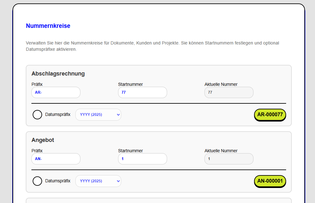 Nummernkreise verwalten
